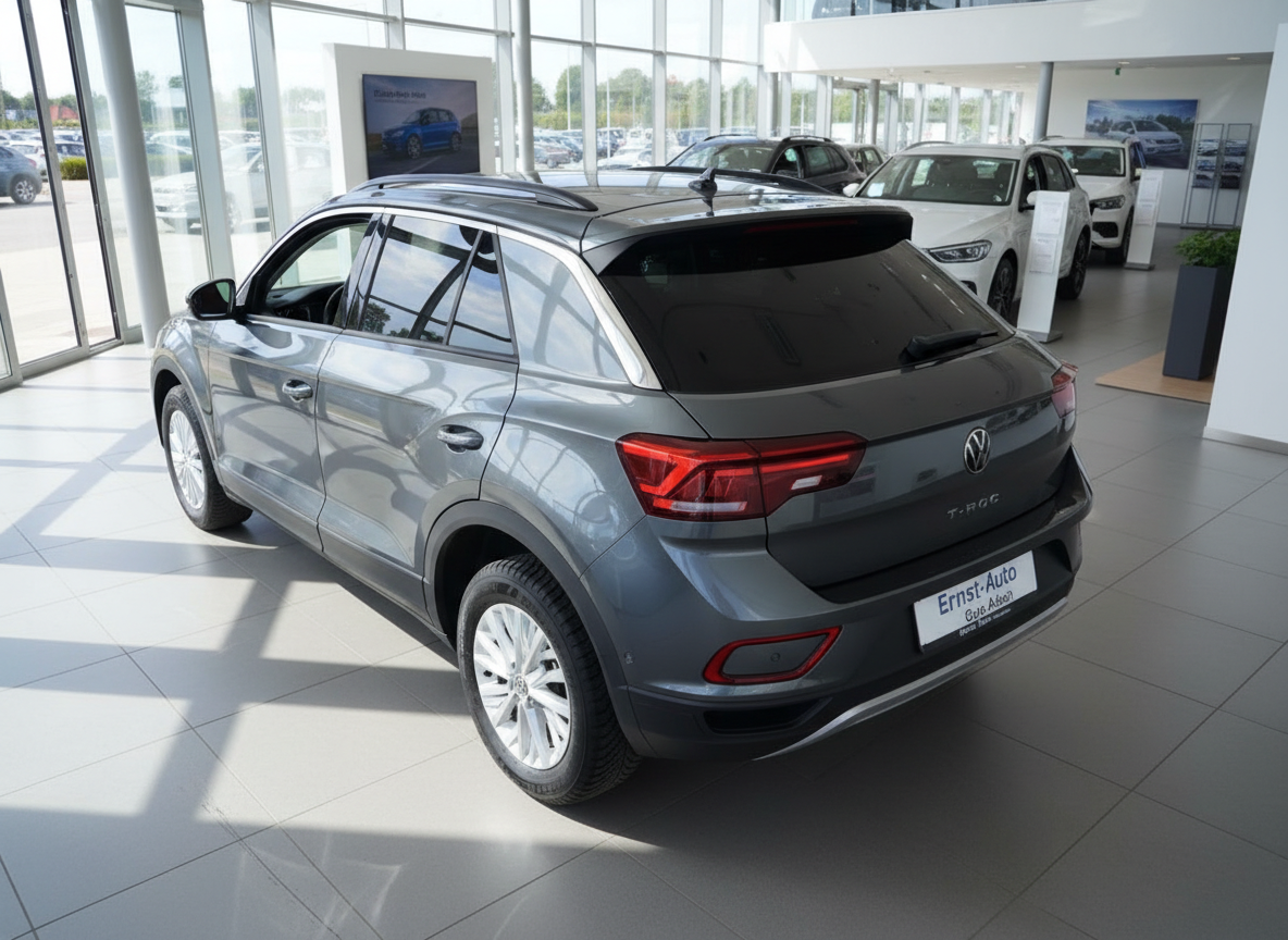 Volkswagen T-Roc grau Heckansicht im Autohaus Ernst-Auto