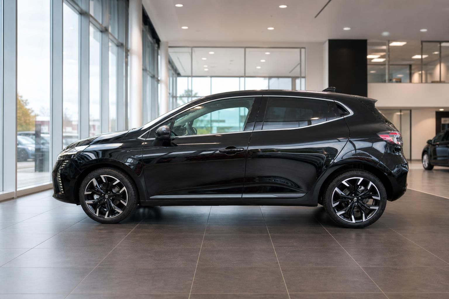 Renault Clio schwarz Seitenansicht im Autohaus-Showroom