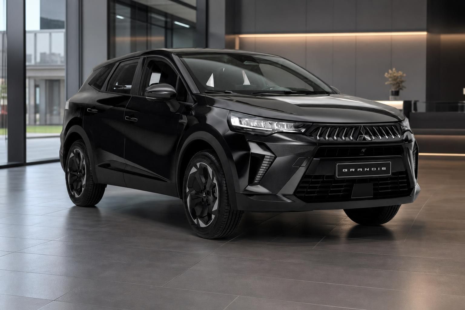 Mitsubishi Grandis schwarz, Frontansicht im Autohaus