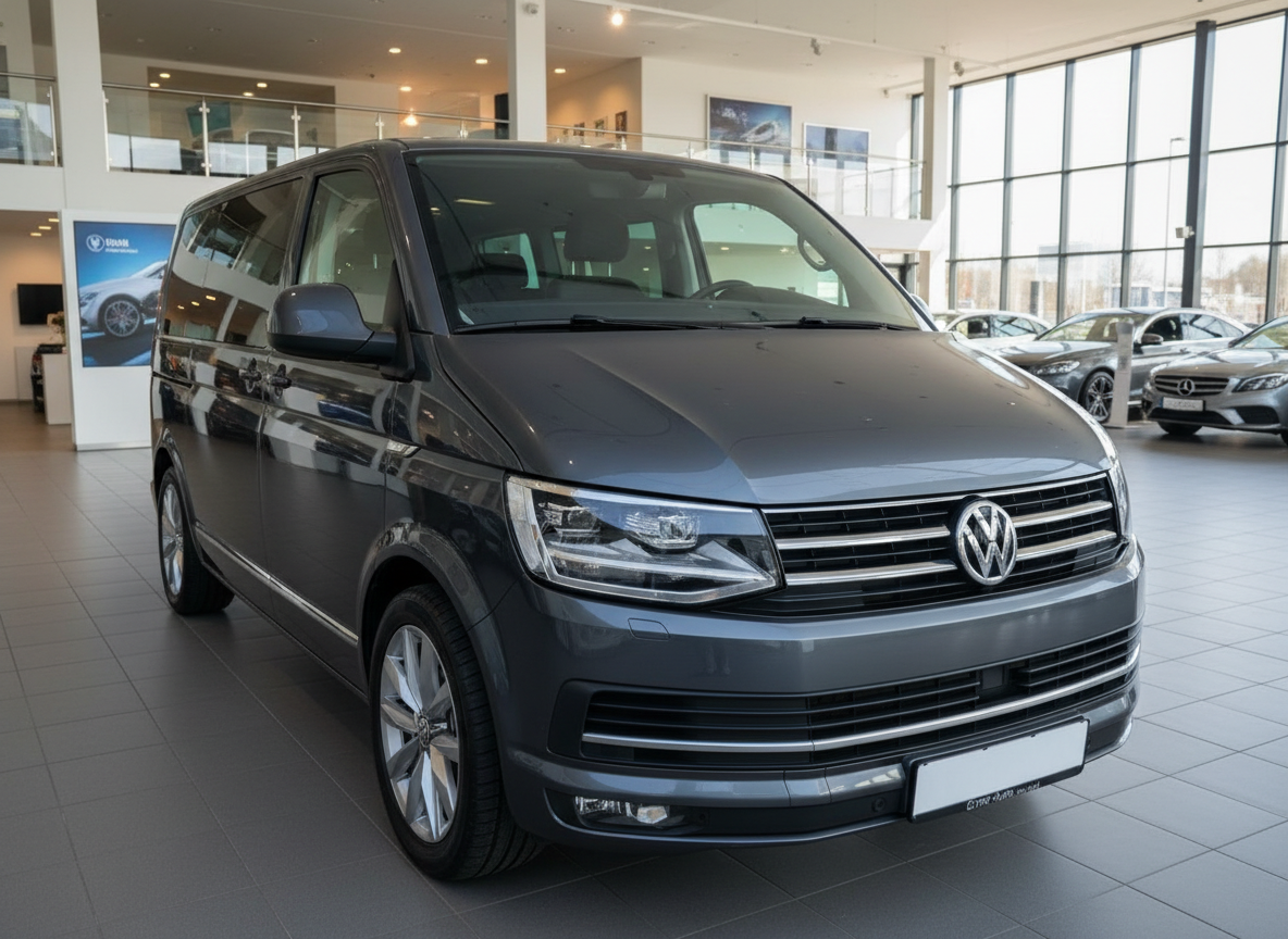 Volkswagen Transporter T6 in Grau im Autohaus Showroom – Frontansicht