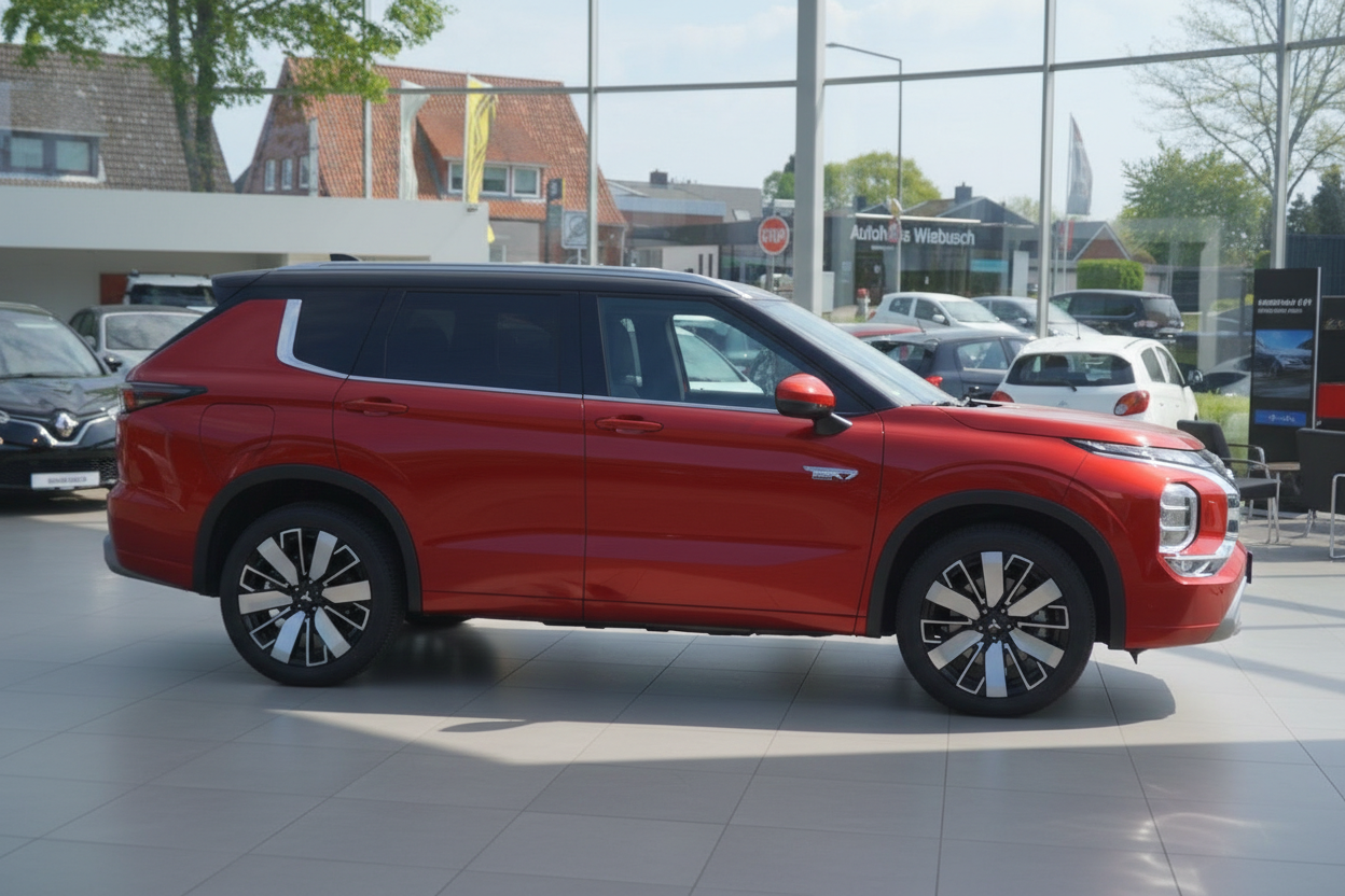 Roter Mitsubishi Outlander PHEV SUV Seitenansicht im Autohaus Wiebusch