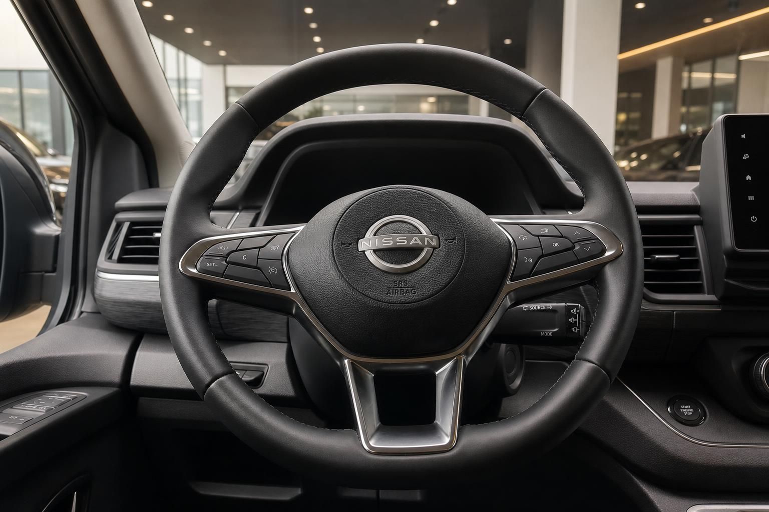 Nissan Lenkrad mit Multifunktionstasten und Cockpit im Detail