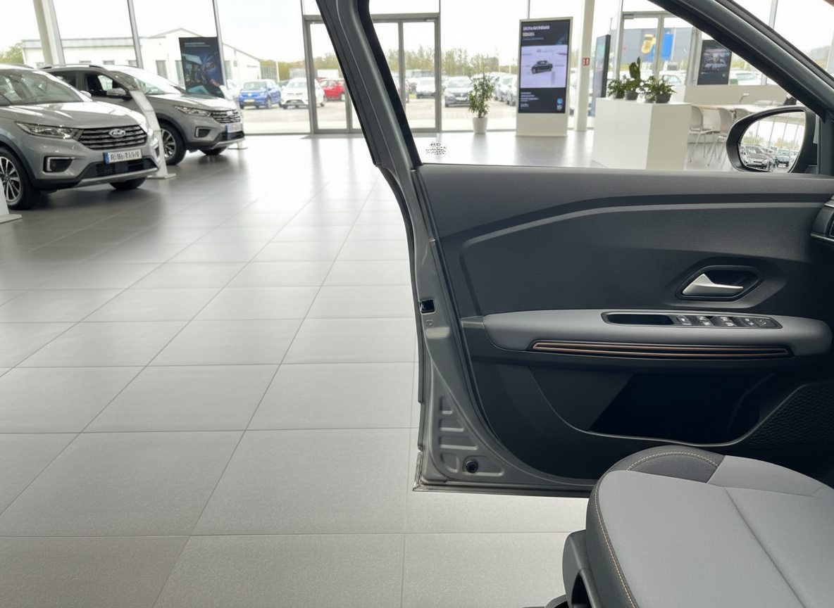 Fahrzeuginnenraum mit geöffneter Fahrertür, schwarze Türverkleidung mit Holzdekor im Autohaus