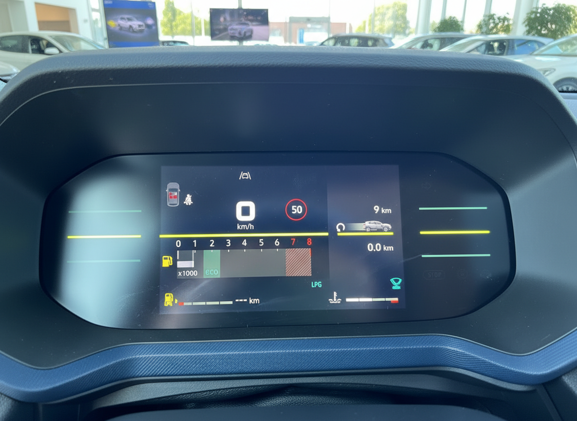 Digitales Kombiinstrument mit Tachometer, LPG-Anzeige und Spurhalteassistent im Fahrzeuginnenraum