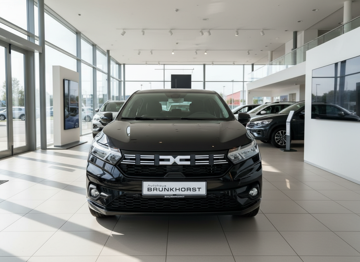 Schwarzer Dacia Sandero Frontansicht im Autohaus Brunkhorst Showroom