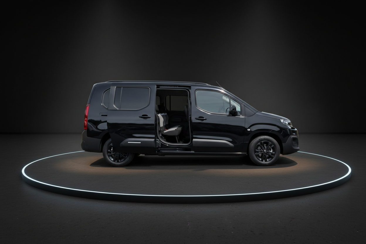 Schwarzer Peugeot Partner/Rifter Van mit geöffneter Schiebetür in Studio-Aufnahme