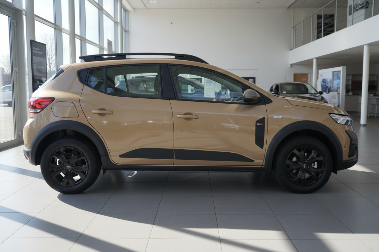 Dacia Sandero Stepway in Sandbeige im Autohaus – Seitenansicht mit schwarzen Felgen