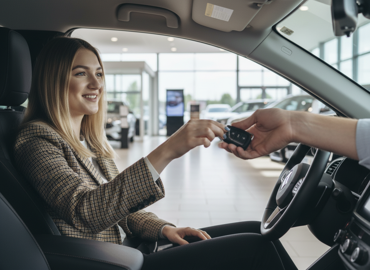 Frau sitzt im Fahrzeuginnenraum und nimmt Autoschlüssel vom Händler entgegen im Autohaus