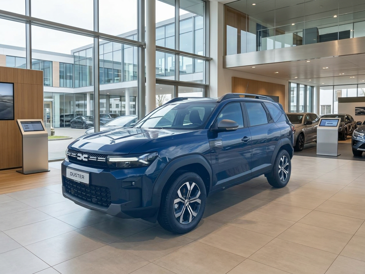 Dacia Duster SUV in Dunkelblau im Autohaus-Showroom, Frontansicht schräg