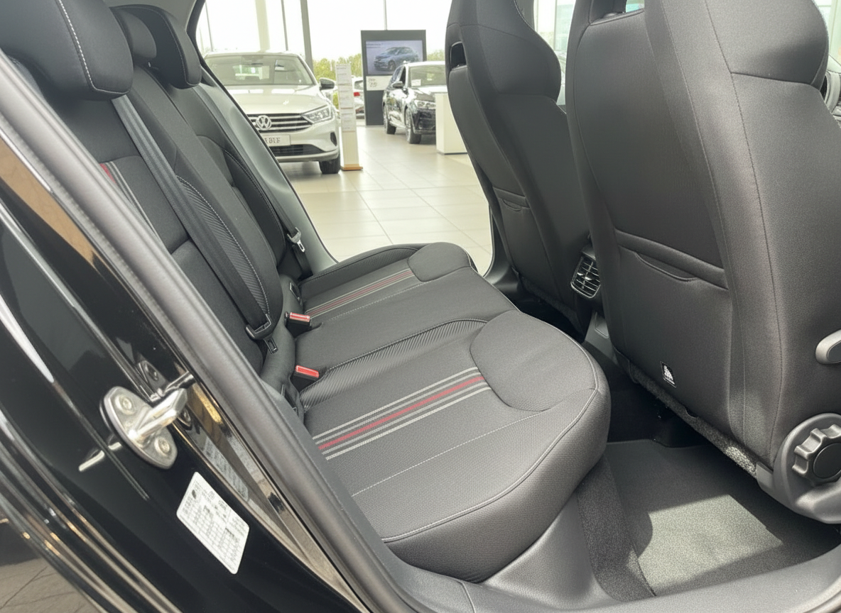 Schwarzes Fahrzeug Innenraum Rücksitzbank mit sportlichen roten Akzenten im Autohaus