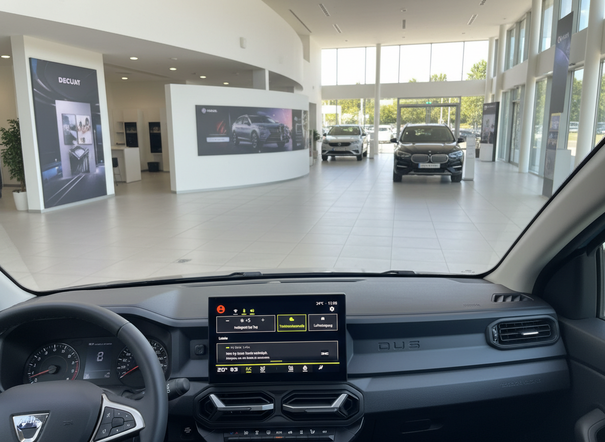 Dacia Innenraum Cockpit mit Infotainment-Display in einem modernen Autohaus