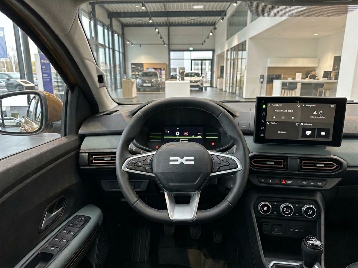 Auto Cockpit mit digitalem Display, Mittelkonsole und Schaltknauf in grauem Interieur