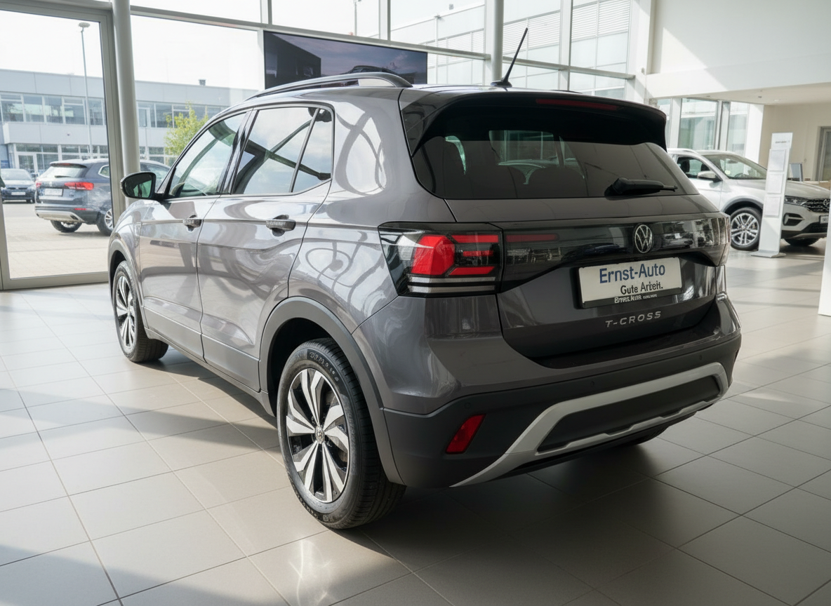 VW T-Cross in Grau, Heckansicht im Autohaus Ernst-Auto