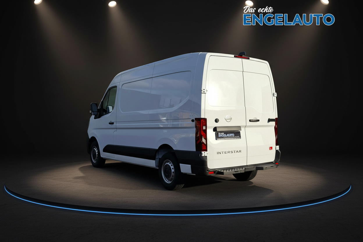 Weißer Nissan Interstar Transporter Kastenwagen Heckansicht bei Engelauto Händler im Showroom mit professioneller Studiobeleuchtung