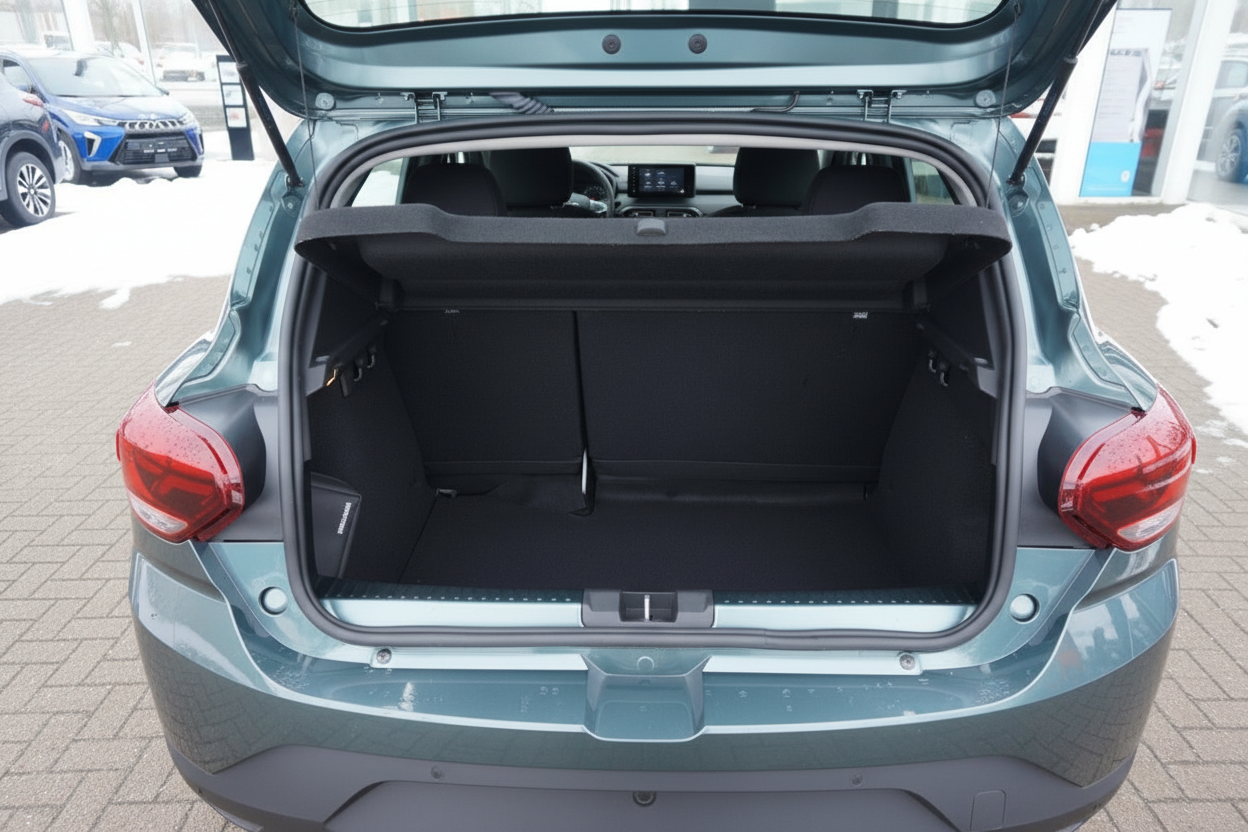 Grüner Kompaktwagen mit geöffneter Heckklappe und geräumigem Kofferraum auf Händlerparkplatz