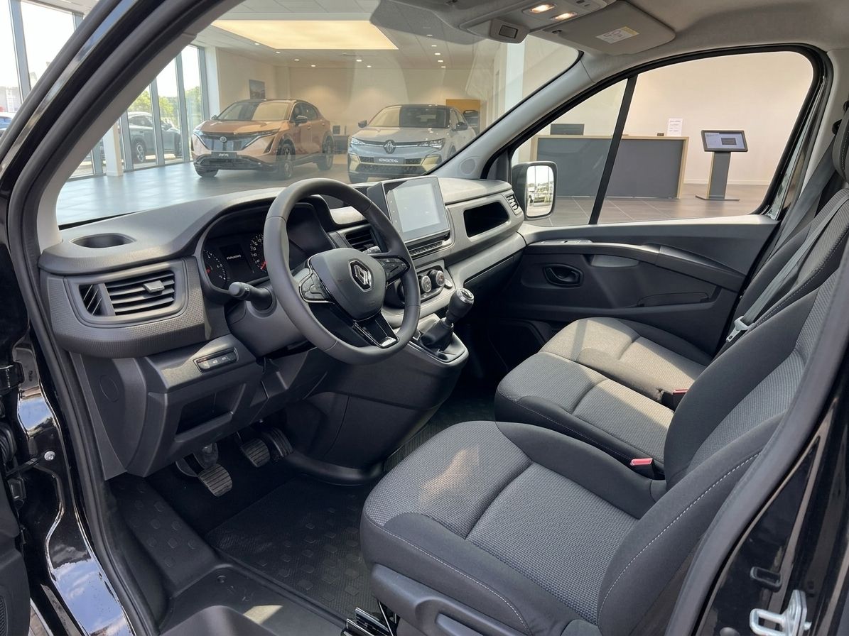 Fahrerkabine eines Renault mit grauem Interieur und Blick auf den Autohaus-Showroom