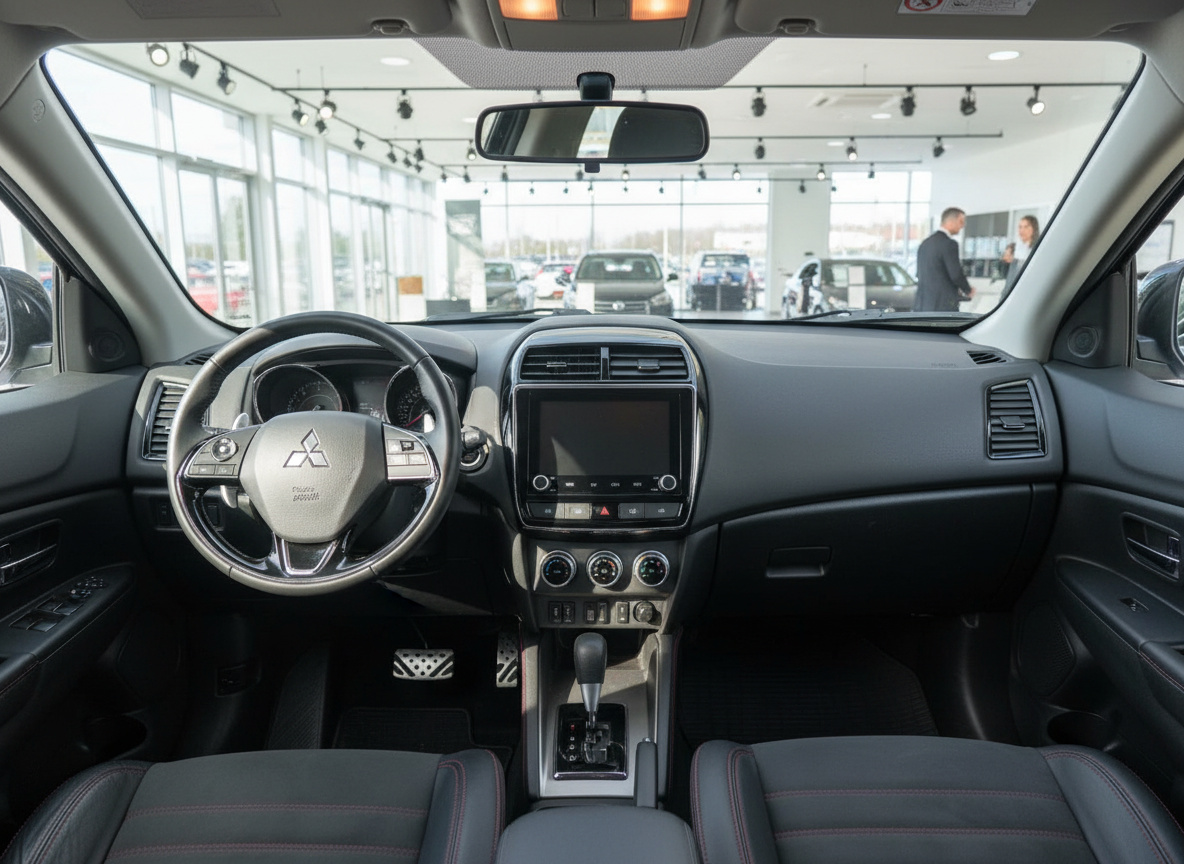 Mitsubishi ASX Innenraum mit schwarzem Lenkrad, Touchscreen-Infotainment und Automatikgetriebe im Autohaus