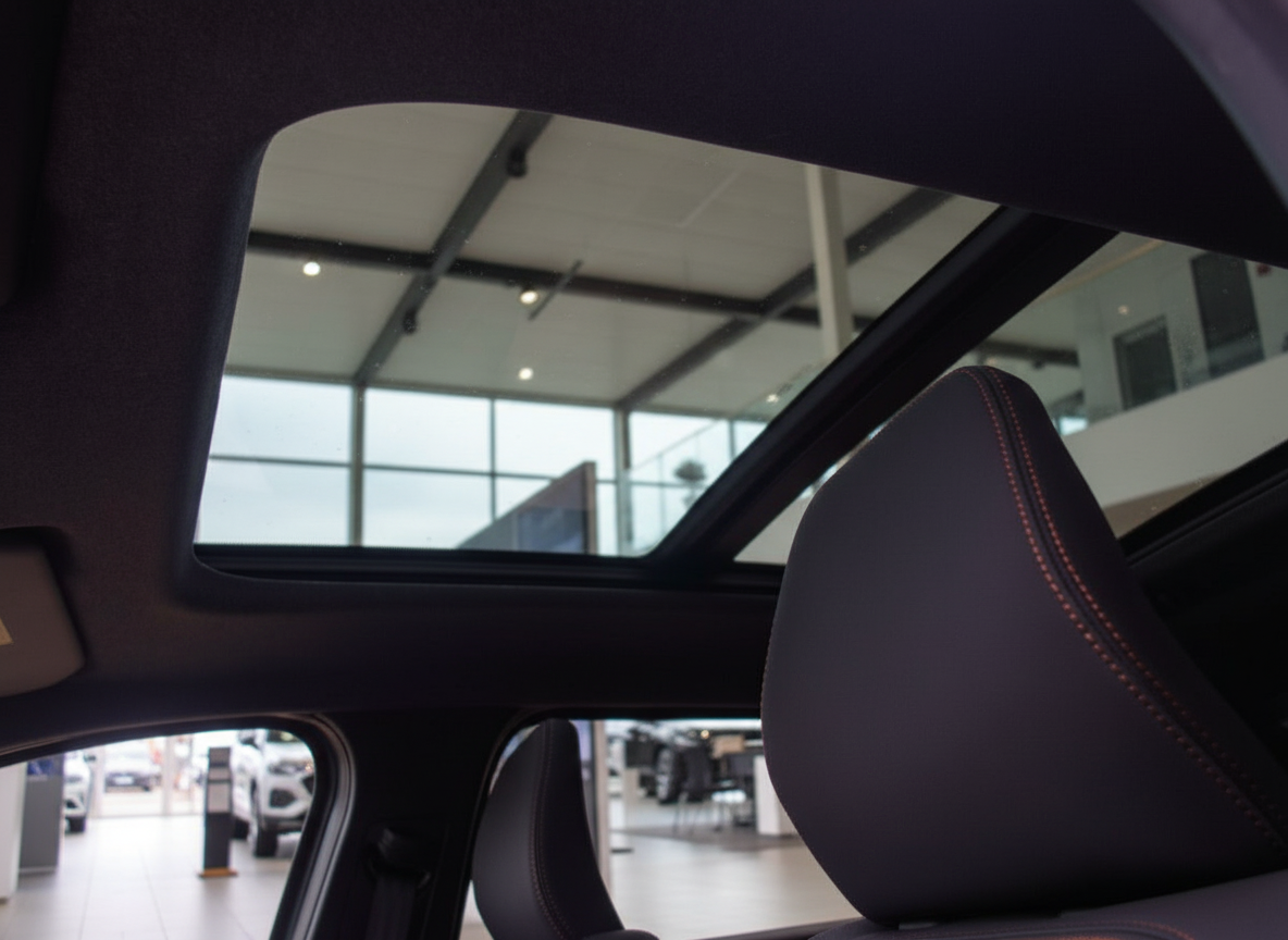 Fahrzeug-Innenraum mit Panorama-Glasdach und schwarzem Leder-Sitz mit roter Kontrastnaht im Autohaus