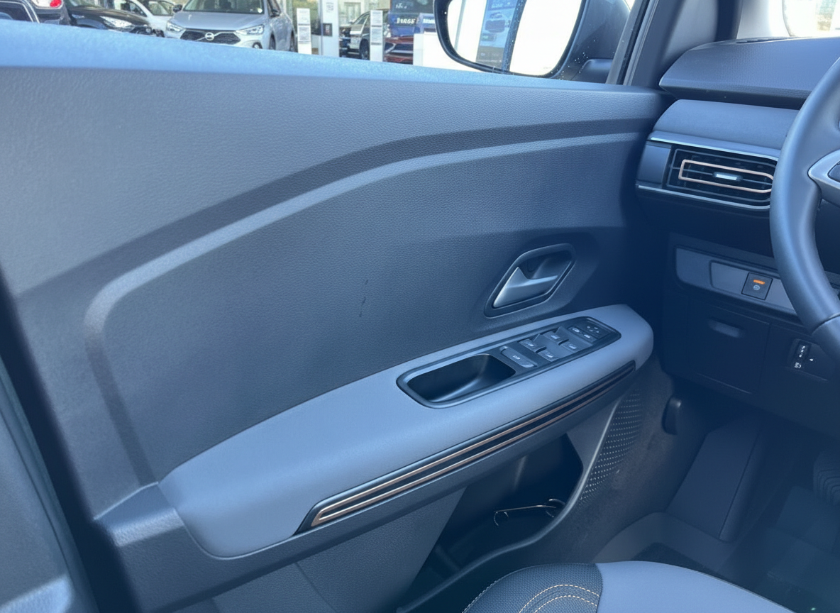 Fahrzeuginnenraum Fahrertür mit elektrischen Fensterhebern und Türgriff in dunklem Design