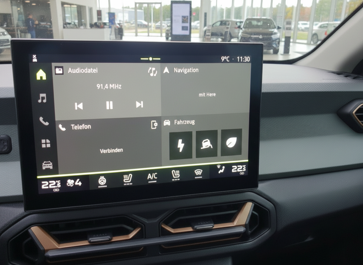 Dacia Duster Infotainment-Display mit Navigation, Audiodatei und Fahrzeugeinstellungen
