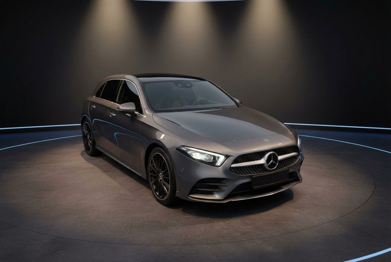 Mercedes-Benz A-Klasse W177 in Grau metallic AMG-Line Frontansicht Studiofoto