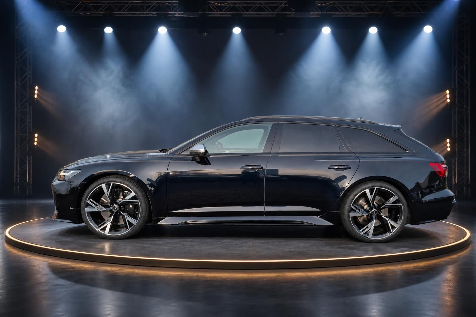 Audi RS6 Avant Seitenansicht in schwarz metallic auf Showroom Drehbühne