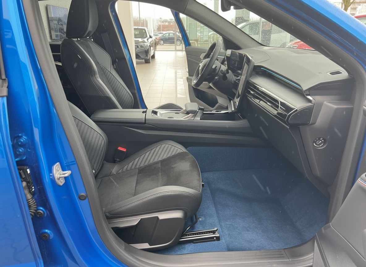 Blauer SUV Innenraum mit schwarzen Sportsitzen und modernem Cockpit mit Touchscreen