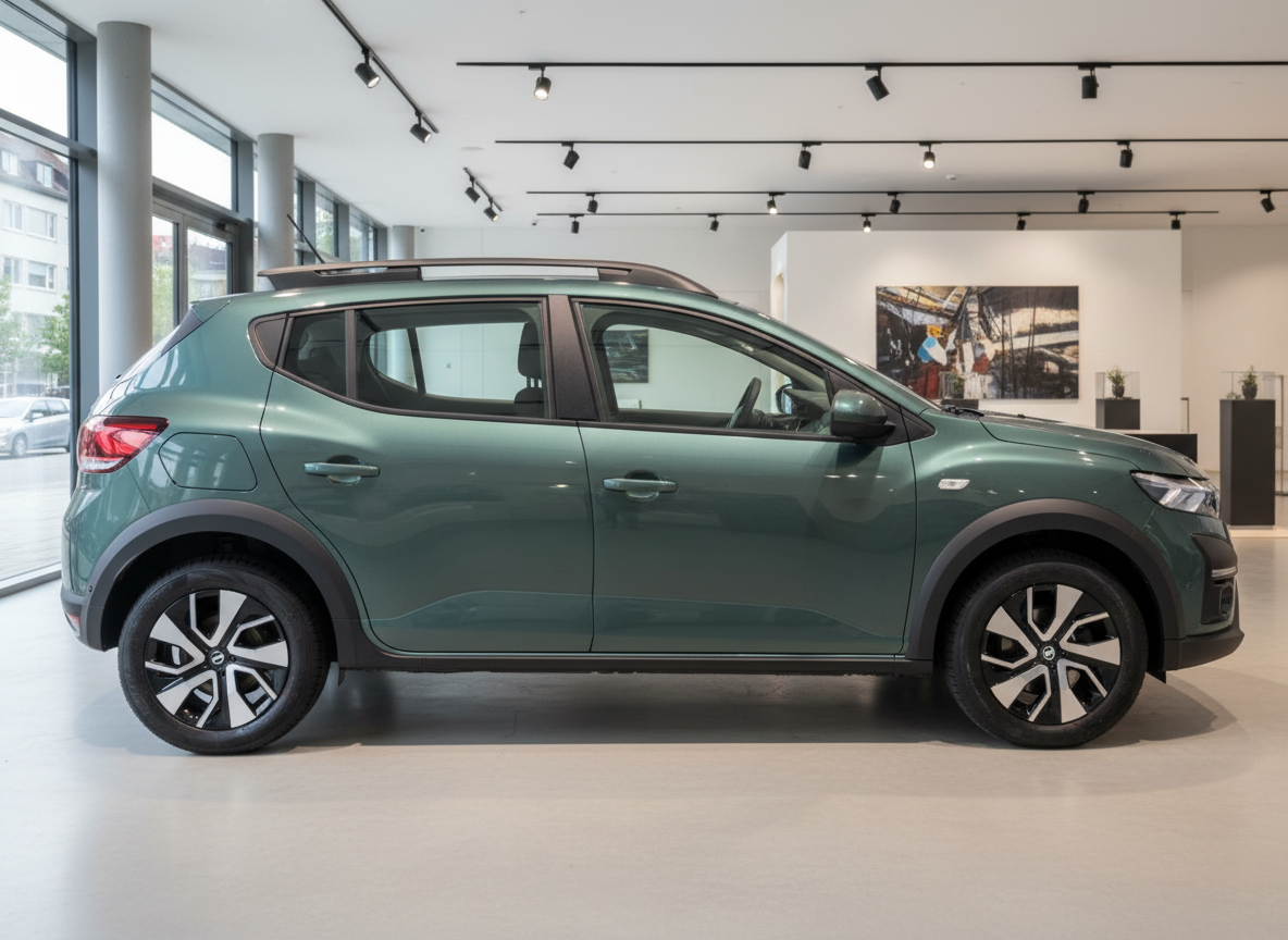 Dacia Sandero Stepway in Grün – Seitenansicht im Autohaus-Showroom