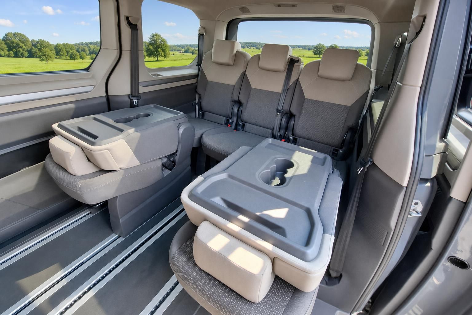 Fond eines VW Vans mit drehbaren Sitzen und ausgeklappten Tischen