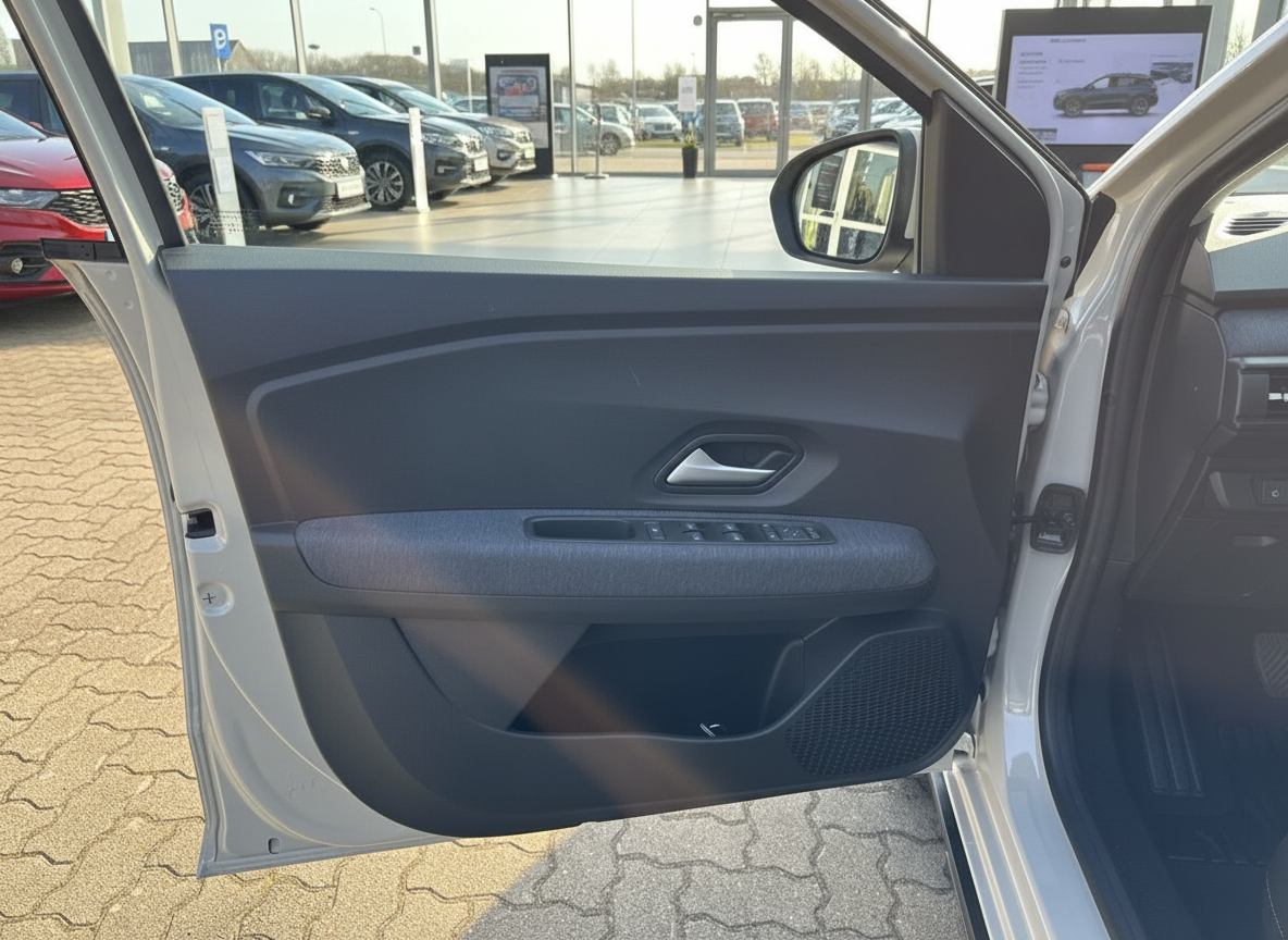 Fahrertür Innenverkleidung eines weißen VW mit Fensterheberschaltern im Autohaus