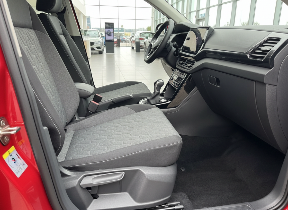 Innenraum eines roten VW mit grauen Stoffsitzen, digitalem Cockpit und modernem Infotainment-System