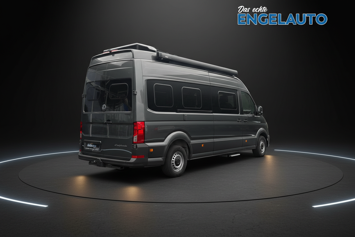 VW Grand California Camper Van in Grau-Metallic - Heckansicht des Wohnmobils auf Crafter-Basis mit Aufstelldach und getönten Fenstern im Showroom von Engelauto