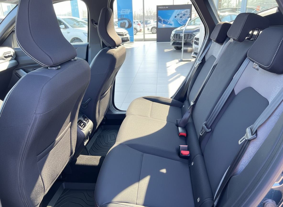 Fahrzeuginnenraum Rücksitzbank mit schwarzen Stoffsitzen und Sicherheitsgurten im Autohaus