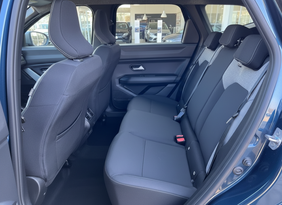 Geräumiger Innenraum Rücksitzbank eines blauen SUV mit schwarzen Stoffsitzen beim Autohaus