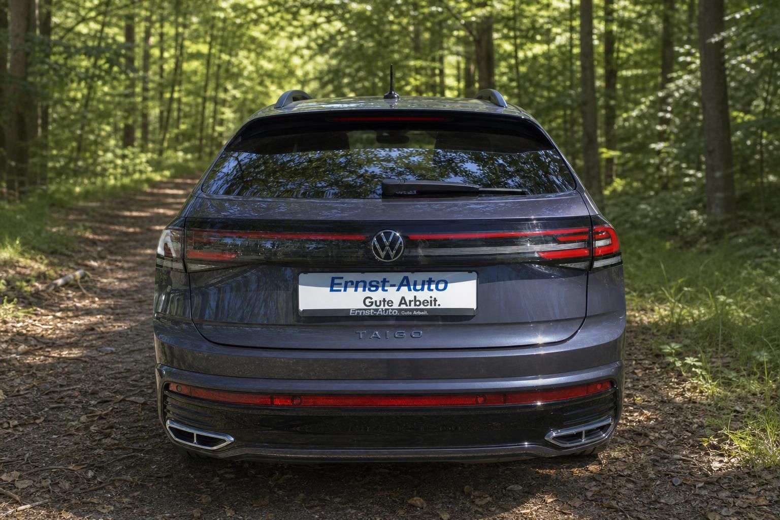 Volkswagen Taigo SUV Heckansicht in grau metallic im Waldweg - Ernst-Auto Gebrauchtwagen
