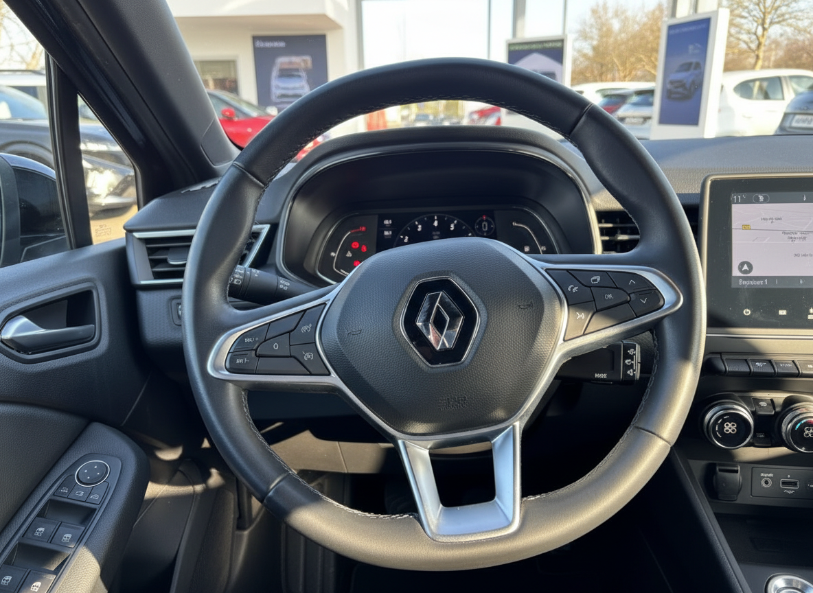 Renault Innenraum mit Lenkrad, Tacho und Infotainment-Display im Autohaus