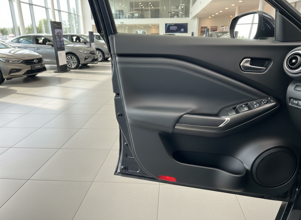 Geöffnete Fahrertür mit schwarzer Innenverkleidung und Fensterheber-Bedienelementen im Hyundai Autohaus