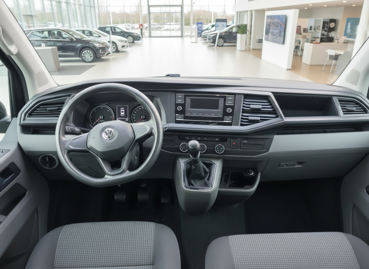 Volkswagen Transporter T6.1 Innenraum mit Schaltgetriebe und VW-Lenkrad im Autohaus