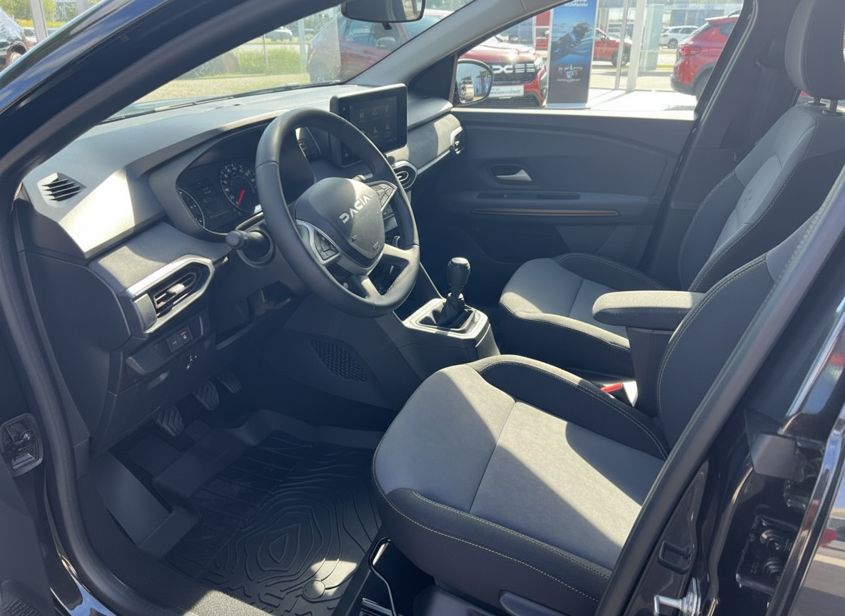 Dacia Innenraum mit Stoffsitzen, Lenkrad und Touchscreen-Display im Cockpit