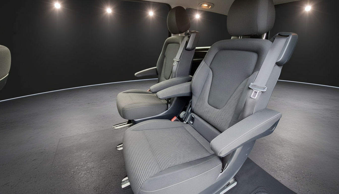 Fahrzeuginnenraum mit grauen Einzelsitzen und Armlehnen, Mercedes-Benz V-Klasse Passagierraum