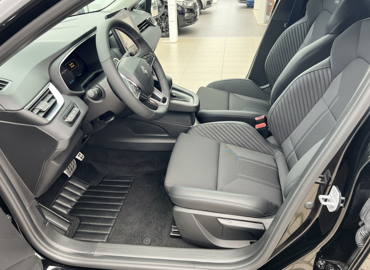 Renault Innenraum mit schwarzen Sportsitzen, Lenkrad und modernem Cockpit in Autohaus