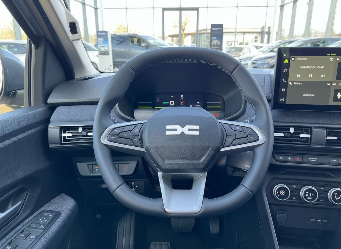 Dacia Innenraum mit Lenkrad, digitalem Cockpit und Infotainment-Display im Autohaus