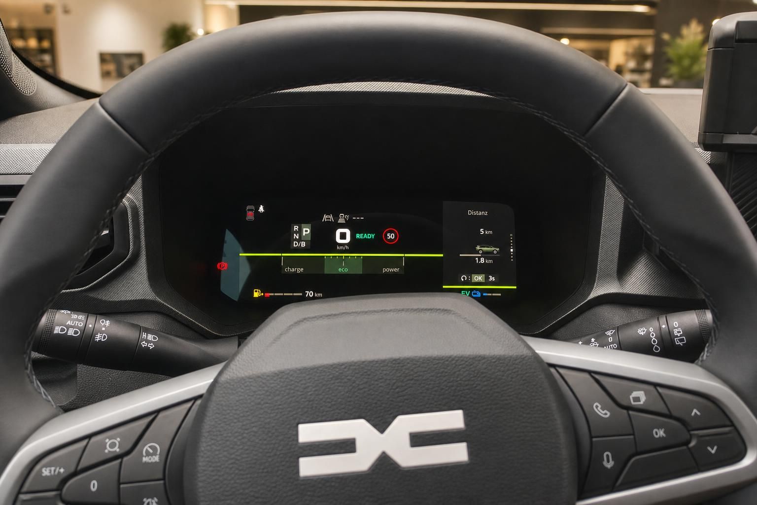 Digitales Cockpit mit Lenkrad und Display - Fahrzeuginnenraum mit moderner Armaturentechnologie