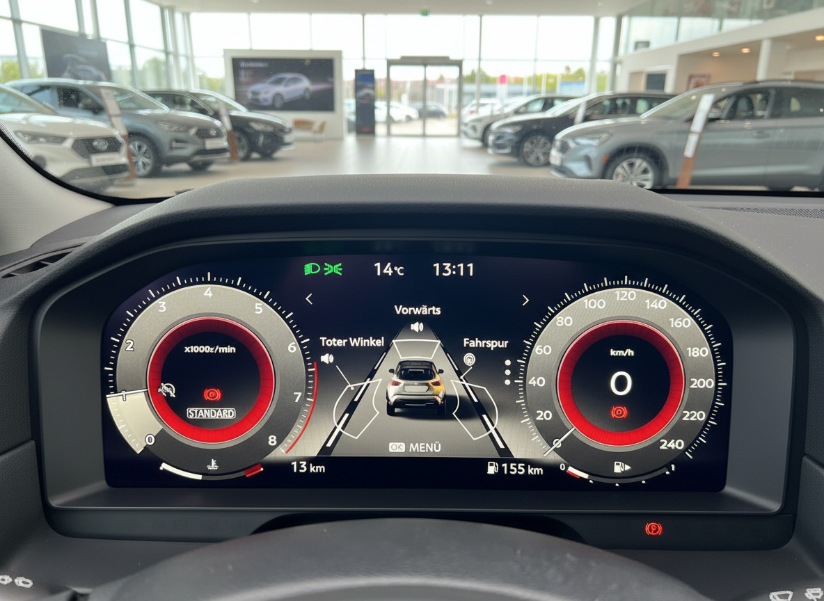 Digitales Kombiinstrument mit Tacho und Drehzahlmesser im Fahrzeug-Cockpit mit Fahrassistenzanzeige