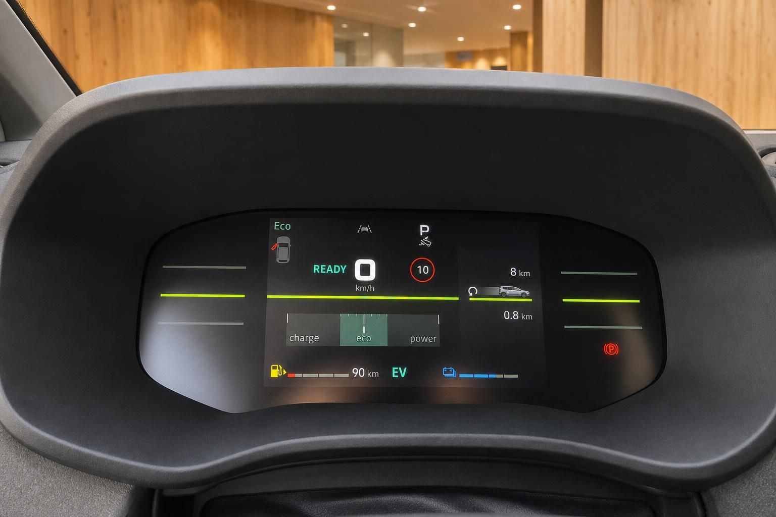 Digitales Kombiinstrument mit Eco-Modus und Reichweitenanzeige im Elektroauto