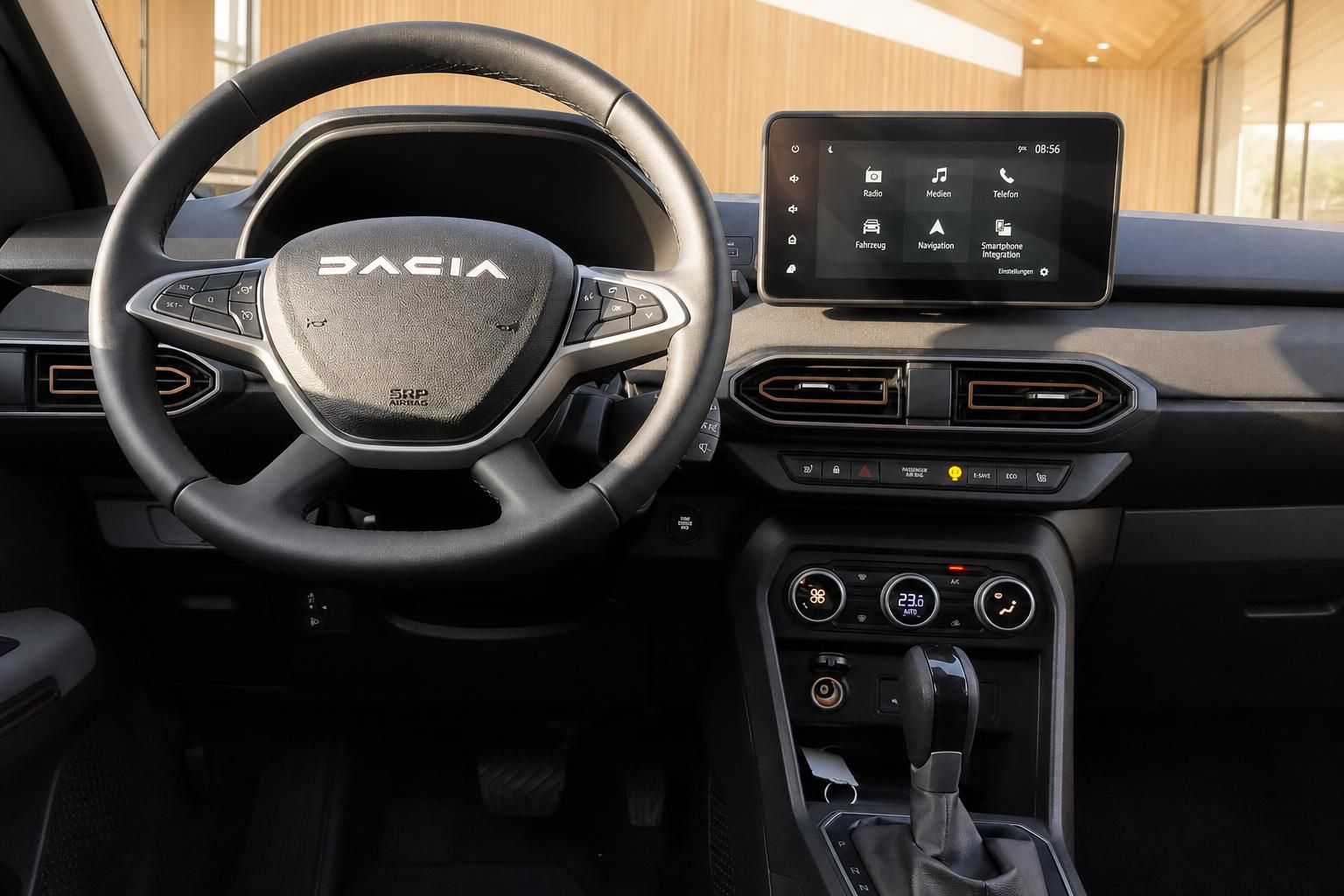 Dacia Cockpit mit Multimedia-Display und Lenkrad im Detail