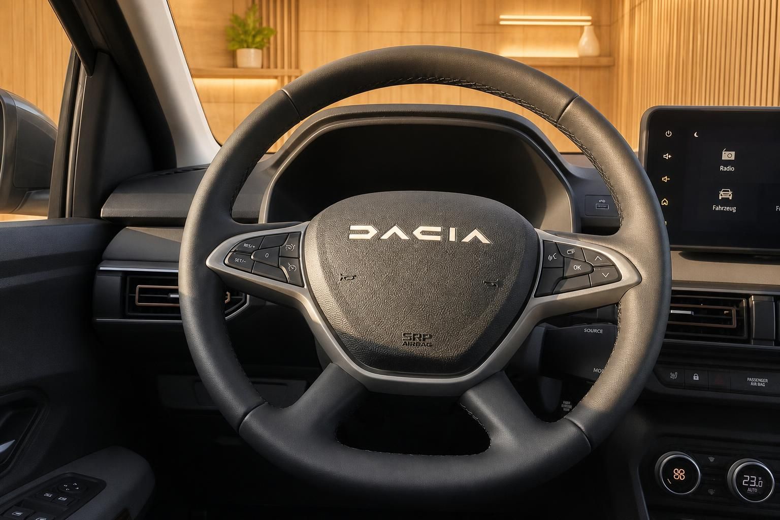 Dacia Lenkrad mit Multifunktionstasten und Infotainment-Display im Innenraum