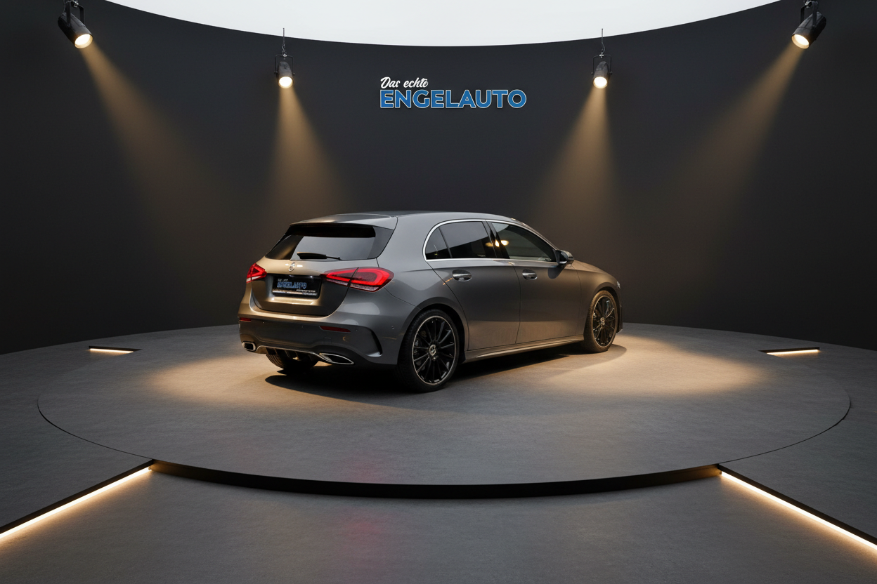 Mercedes-Benz A-Klasse grau metallic auf Drehbühne im Autohaus Das echte Engelauto - Heckansicht mit LED-Rückleuchten und schwarzen AMG-Felgen