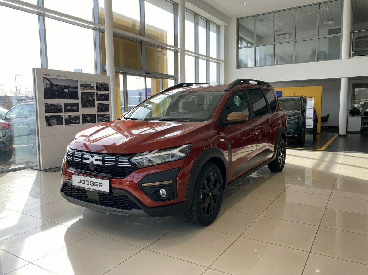Roter Dacia Jogger Neuwagen im Autohaus Showroom mit schwarzen Felgen und Dachreling