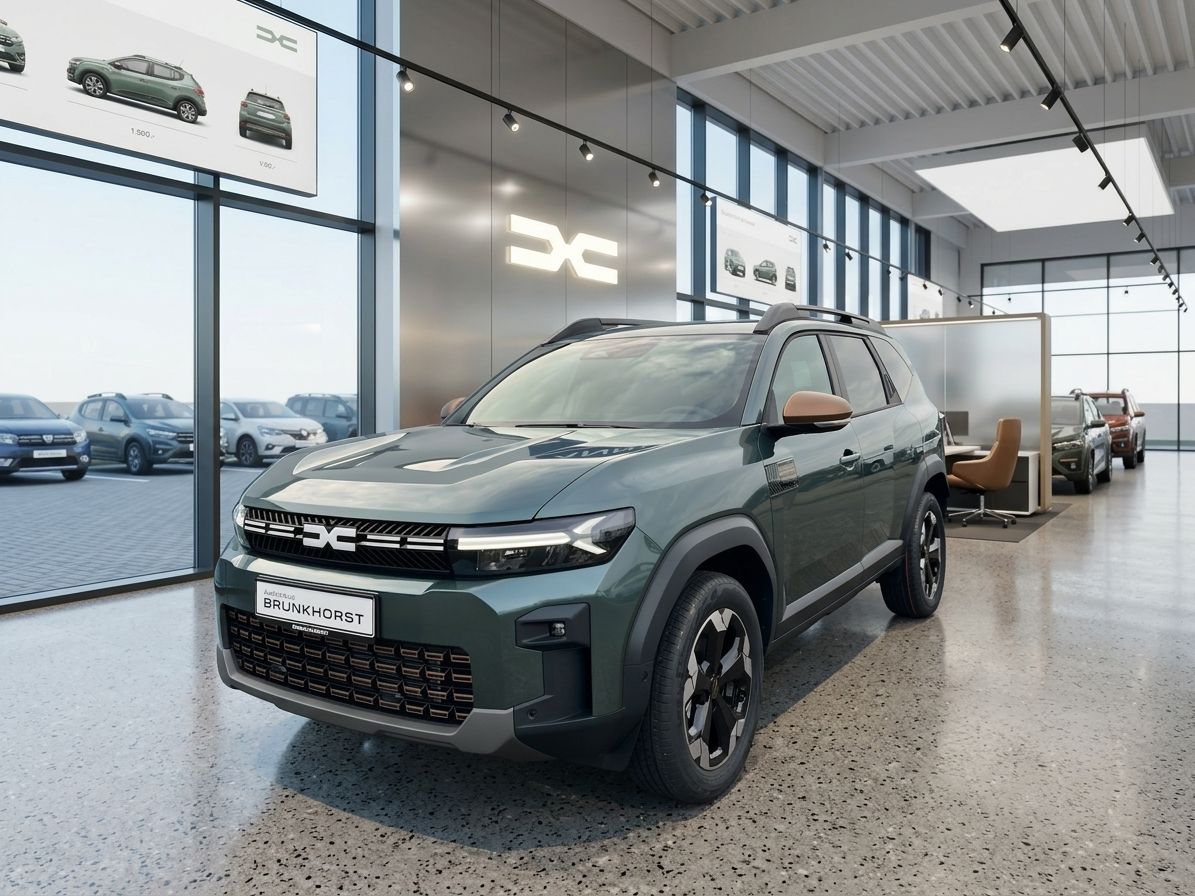 Dacia SUV grau im modernen Autohaus Showroom mit Panoramafenstern - Seitenansicht